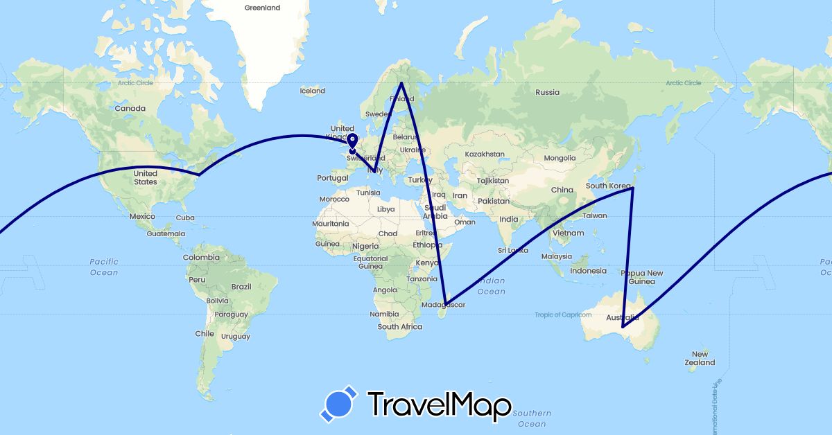 TravelMap itinerary: driving in Australia, Finland, France, United Kingdom, Italy, Japan, Madagascar, United States (Africa, Asia, Europe, North America, Oceania)